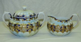 Antique Royal Nippon Cobalt Blue & Gold Porcelain Creamer & Sugar W/ Lid Set