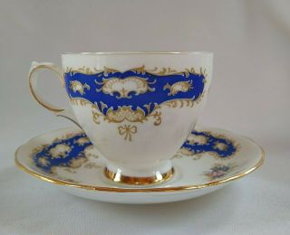 Bone China Queen Anne Tea Cup And Saucer,  Cobalt Blue Design With Gold Trim