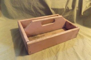 Primitive Vintage Pink Painted Wood Tool Tote Open Box 10 3/4 X 14 7/8 X 5 1/2