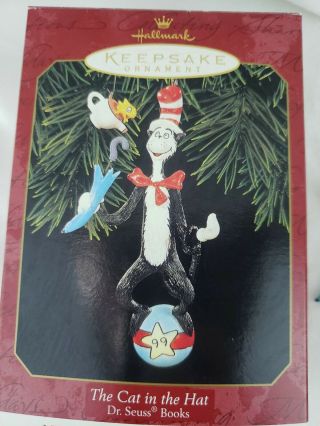 Hallmark 1999 Dr Seuss Cat In The Hat Fish Bowl Christmas Tree Ornament 2 Piece