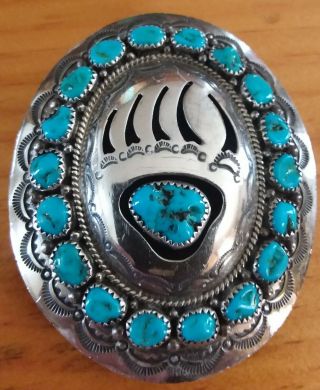 Signed Wm Navajo Bear Paw Silver Large Belt Buckle Vintage Old Pawn Turquoise