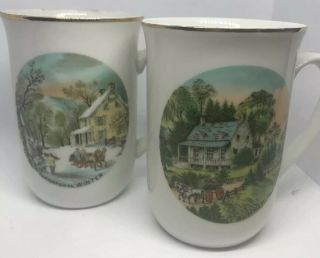 2 Currier And Ives " Seasons " Coffee/tea Mugs/cups Vintage Summer Winter Japan