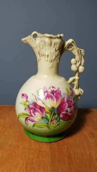 Antique Austria Hand Painted Pitcher / Vase With Cherry Branch Handle & Flowers.