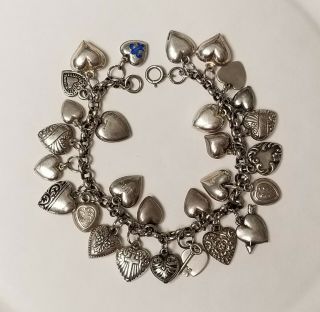 Vintage Sterling Silver Repousse Puffy Heart Charm Bracelet 29 Charms