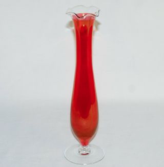 Antique Red / Orange And Clear Glass Bud Vase Footed