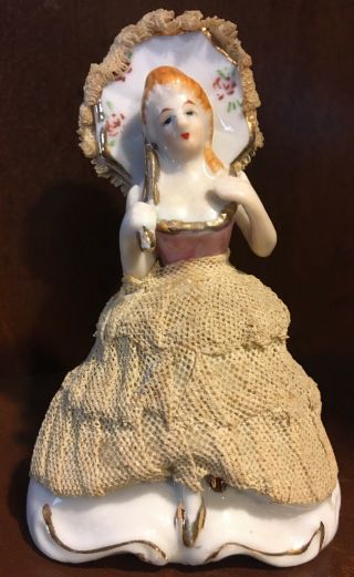 Vintage Porcelain Lady In Lace Crinoline Dress W/umbrella