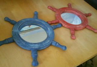 Vintage Ship Wheel Wall Mirrors Hand Painted Weathered Pair - Red/sea Blue