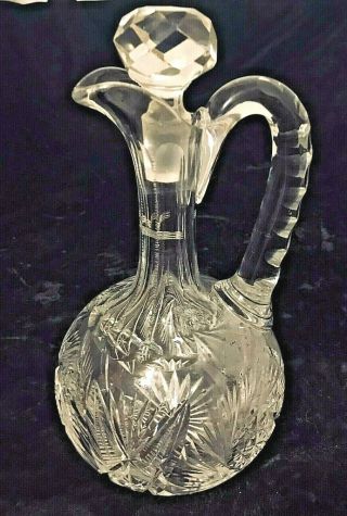 Vintage Clear Cut Glass 9 " Tall Decanter With Stopper,  Applied Handle - -