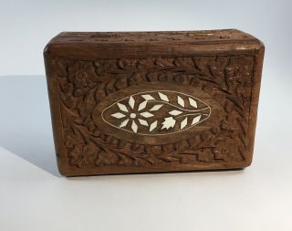Vintage Jewelry Hinged Trinket Box Hand Carved Wooden Inlay Intricate Woodwork