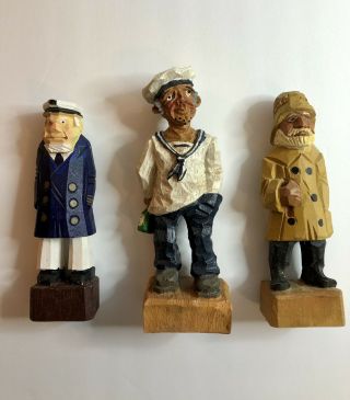 3 Vintage Hand Carved Wooden Fisherman Captain Sailor Nautical Figures Folk Art
