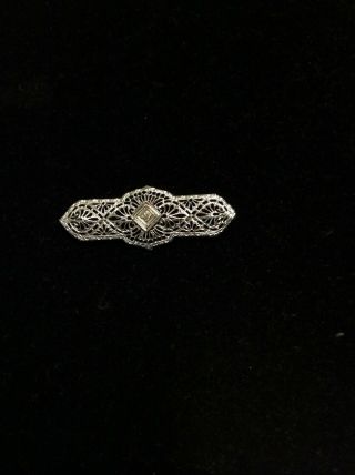 Vintage 10k White Gold Filigree Bar Pin With Small Diamond In Center