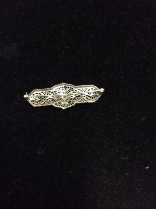 Vintage 10K White Gold Filigree Bar Pin with Small Diamond in Center 2