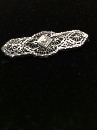 Vintage 10K White Gold Filigree Bar Pin with Small Diamond in Center 3