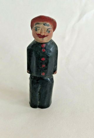 Vintage Miniature Hand Carved Wooden Old Man Primitive 3.  75 " Hand Painted Face