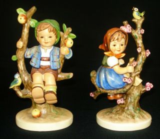 Vtg Germany Hummel Goebel Apple Tree Boy And Girl With Bird Porcelain Figurines