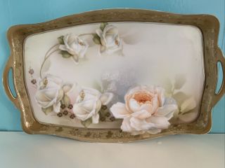 Antique Rs Germany Rose Porcelain Cut - Out Handle Tray 11.  5” X 7”