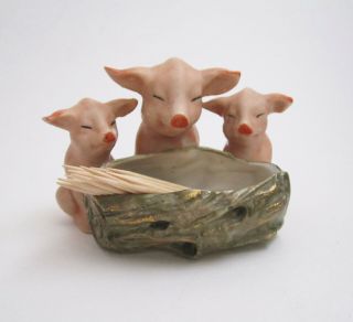 Antique German Pink Pigs W Log Trough Porcelain Fairing Toothpick Match Holder