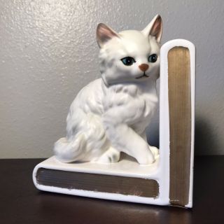 Vintage Lefton White Persian Kitty Cat Kitten Bookend.  Left Side