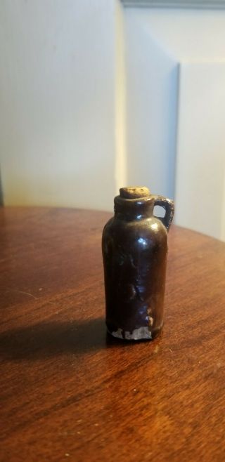 Antique Miniature Stoneware Pottery Brown Glazed Bottle Jug With Old Cork 1 3/4 "