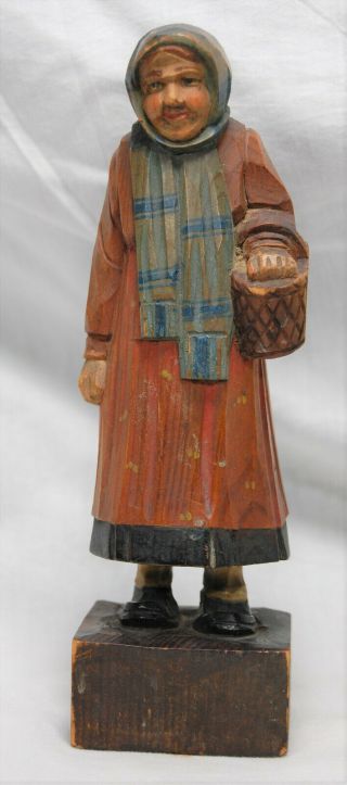 Wooden Hand Carved Black Forest Woman Germany Figurine 7.  25 " Carrying A Basket