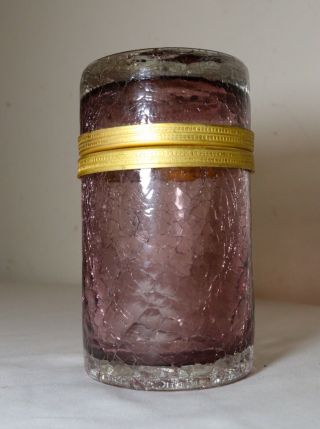 Vintage Hand Blown Purple Crackle Art Glass Dore Bronze Jar Cylinder Casket Box