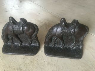 Vintage Pair Cast Iron Bronze Brass Finish Bookends,  Saddled Grazing Horses