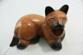 Vintage Hand Carved Wood Cat Statue Wooden Kitty Figurine Laying Down