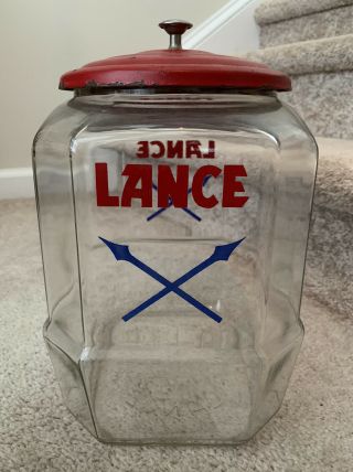 Vintage 11” Lance Cracker Cookie Glass Jar General Store Display Red Metal Lid
