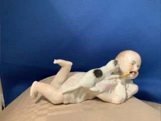 Antique Or Vintage Bisque Porcelain Piano Baby Boy With Cat Figurine ”