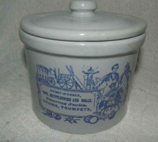Vintage Gray/blue Pottery Crock W/lid Toys Hobby Horse,  Shuttlecocks.