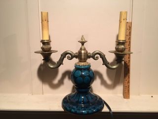 Vintage Mackenzie Childs Blue Wittika Check Pottery Candelabra Lamp Read