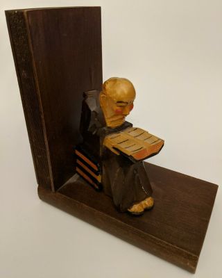 Vintage Wooden Bookend Hand Carved Reading Monk Figure Folk Art Crafted Wood