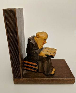 Vintage Wooden Bookend Hand Carved Reading Monk Figure Folk Art Crafted Wood 2