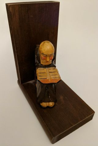 Vintage Wooden Bookend Hand Carved Reading Monk Figure Folk Art Crafted Wood 3