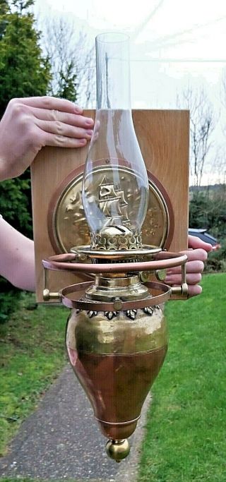 Vintage Brass & Copper Gimbal & Oil Lamp Paraffin Lantern Ship Or Boat.  Dutch?