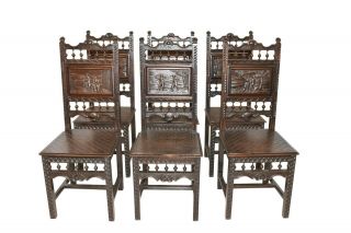 Nicely Carved Set Of Six French Breton Dining Chairs,  Oak,  Turn Of Century
