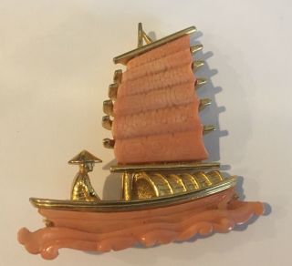 Vintage Hattie Carnegie Gold Tone Carved Faux Coral Chinese Junk Boat Brooch Pin