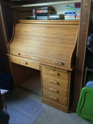 Solid Oak Roll - Top Desk With Filing Cabinet And Small Drawers