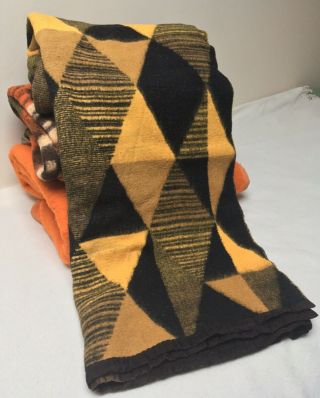Vintage Yellow Black Diamonds Belgian Wool Blanket Throw - Single Mcm Panton