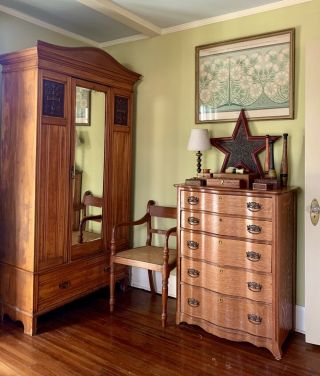 Antique Oak Armoire/wardrobe With Shelves,  Drawer And Mirror Door