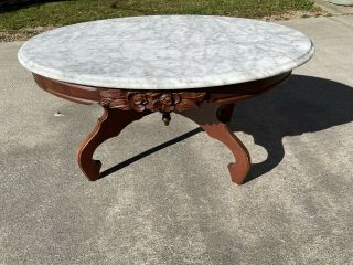 Victorian Style Mahogany Carved Rose Pattern Oval Coffee Table &marble Top