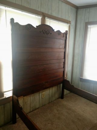 Antique Solid Oak Full Size High Back Carved Bed w/rails c1895 Local Pick Up 3