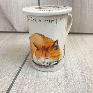 Kent Pottery Tea Mug With Lid Napping Cat And Playing Mice Orange Tabby