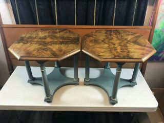 Vintage Baker Furniture Octagonal Wood Side Tables Blue 16 " Tall,  18 " X 19 " Top