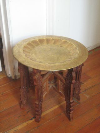 Vintage 60s 70s India Brass Tray Table Ornate Wood Stand