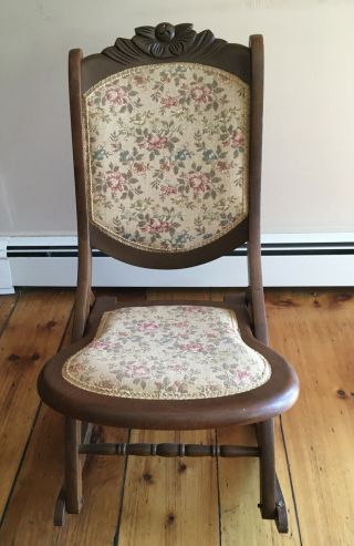 Vintage Floral Rose Carved Folding Tapestry Needlepoint Rocking Chair