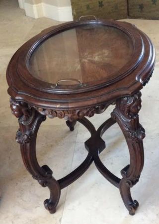 Antique Hand Carved Removable Glass Top Tray Table