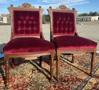 Antique Carved Victorian Purple/burgundy Velvet Eastlake Chairs