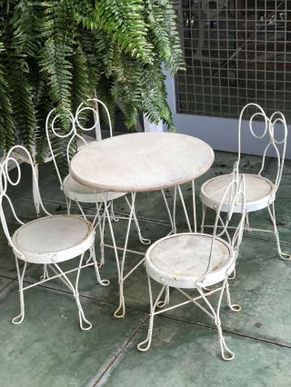 Child’s Vintage Ice Cream Parlor Table,  4 Chairs,  From Drug Store Soda Fountain