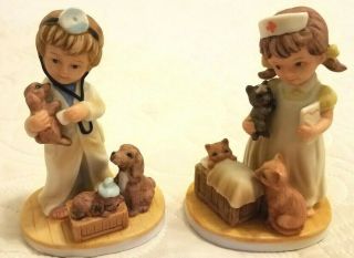 Napcoware Vintage Child Doctor And Nurse Figurines With Small Animals